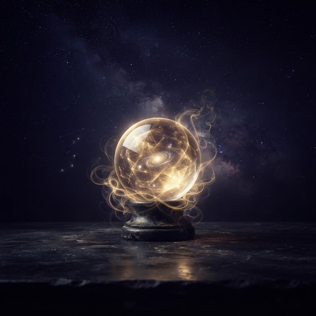 Bola de cristal iluminada sobre un cielo estrellado en tonos violeta y oro